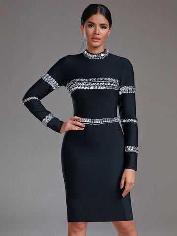 Modphy Long Sleeve Fitted Dress With Rhinestone Embellishment For Cocktail Party