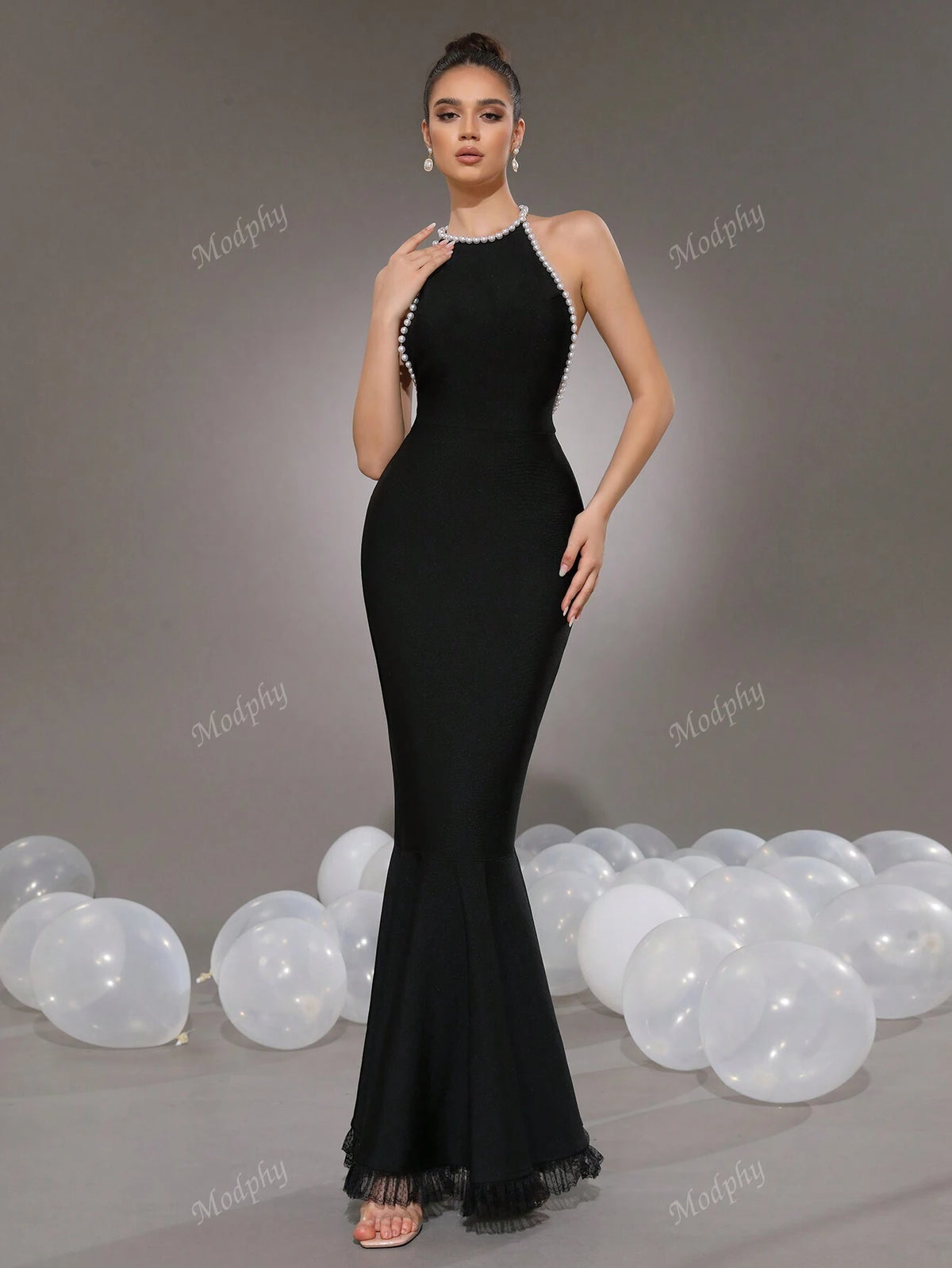 Modphy Luxurious Pearl Decor Mermaid Contrast Lace Sexy Backless Maxi Bandage Dress For Women Party Wedding Guest Formal Gown