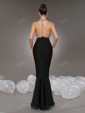 Modphy Luxurious Pearl Decor Mermaid Contrast Lace Sexy Backless Maxi Bandage Dress For Women Party Wedding Guest Formal Gown