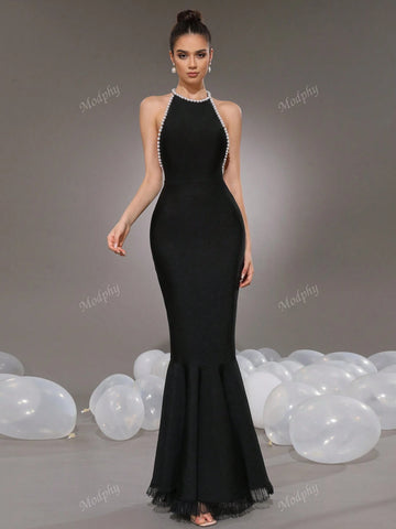 Modphy Luxurious Pearl Decor Mermaid Contrast Lace Sexy Backless Maxi Bandage Dress For Women Party Wedding Guest Formal Gown