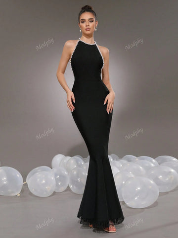 Modphy Luxurious Pearl Decor Mermaid Contrast Lace Sexy Backless Maxi Bandage Dress For Women Party Wedding Guest Formal Gown