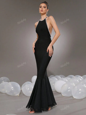 Modphy Luxurious Pearl Decor Mermaid Contrast Lace Sexy Backless Maxi Bandage Dress For Women Party Wedding Guest Formal Gown