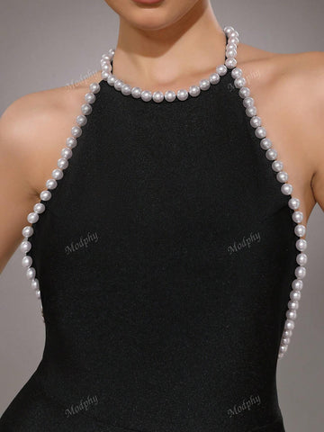 Modphy Luxurious Pearl Decor Mermaid Contrast Lace Sexy Backless Maxi Bandage Dress For Women Party Wedding Guest Formal Gown