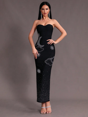 Modphy New Arrival Black Shiny Diamond Embellished Sexy Bodycon Bandage Strapless Evening Gown