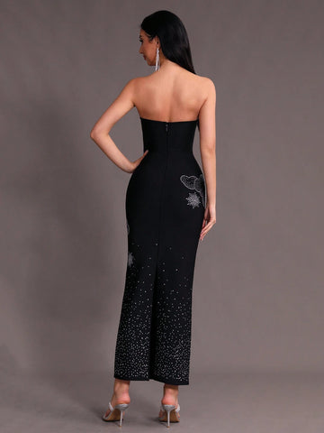 Modphy New Arrival Black Shiny Diamond Embellished Sexy Bodycon Bandage Strapless Evening Gown