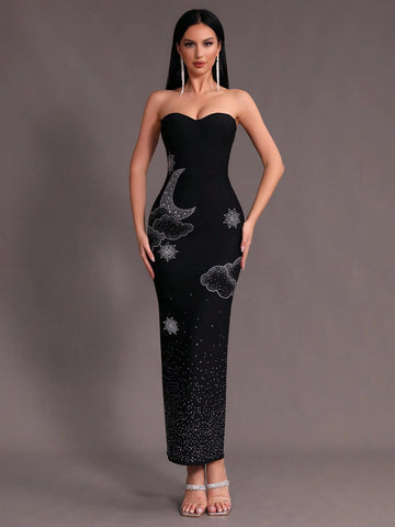 Modphy New Arrival Black Shiny Diamond Embellished Sexy Bodycon Bandage Strapless Evening Gown