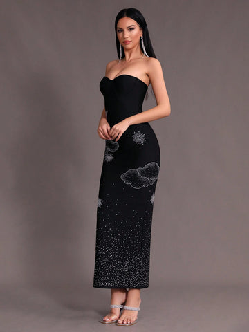 Modphy New Arrival Black Shiny Diamond Embellished Sexy Bodycon Bandage Strapless Evening Gown
