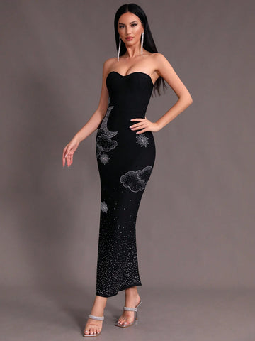 Modphy New Arrival Black Shiny Diamond Embellished Sexy Bodycon Bandage Strapless Evening Gown