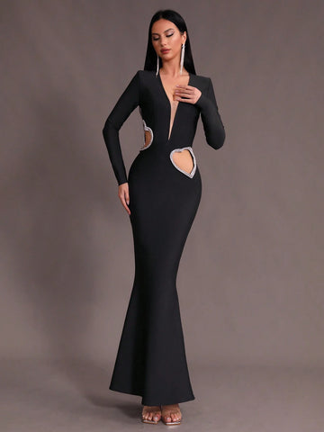 Modphy New Arrival Sexy Deep V-Neck Long Sleeve Mermaid Bandage Dress With Diamond Heart Shape Decor And Hollow Out Design, Suitable As Bridesmaid Dress Or Formal Evening Party Dress For Women