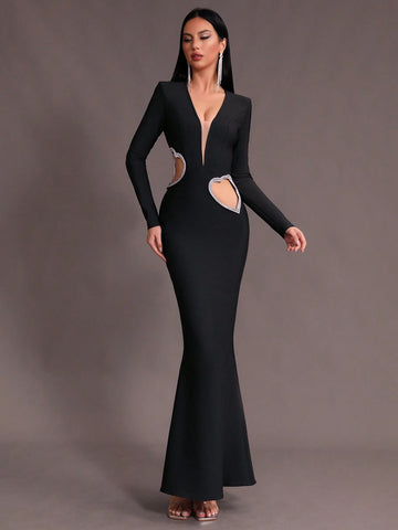 Modphy New Arrival Sexy Deep V-Neck Long Sleeve Mermaid Bandage Dress With Diamond Heart Shape Decor And Hollow Out Design, Suitable As Bridesmaid Dress Or Formal Evening Party Dress For Women