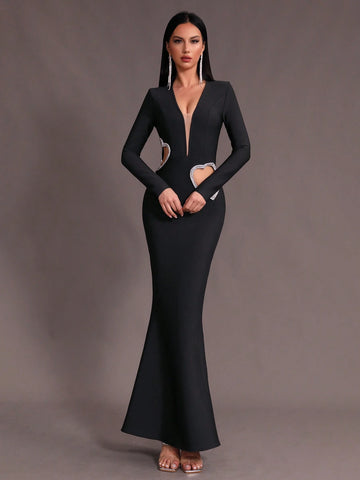 Modphy New Arrival Sexy Deep V-Neck Long Sleeve Mermaid Bandage Dress With Diamond Heart Shape Decor And Hollow Out Design, Suitable As Bridesmaid Dress Or Formal Evening Party Dress For Women