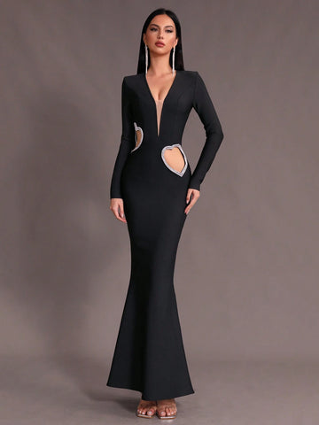 Modphy New Arrival Sexy Deep V-Neck Long Sleeve Mermaid Bandage Dress With Diamond Heart Shape Decor And Hollow Out Design, Suitable As Bridesmaid Dress Or Formal Evening Party Dress For Women