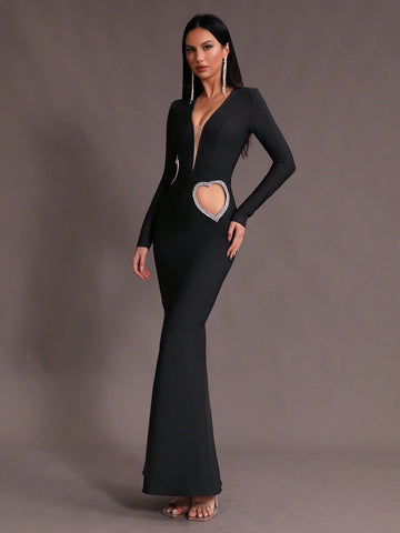 Modphy New Arrival Sexy Deep V-Neck Long Sleeve Mermaid Bandage Dress With Diamond Heart Shape Decor And Hollow Out Design, Suitable As Bridesmaid Dress Or Formal Evening Party Dress For Women