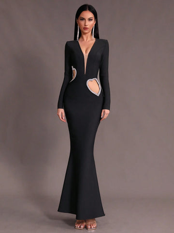 Modphy New Arrival Sexy Deep V-Neck Long Sleeve Mermaid Bandage Dress With Diamond Heart Shape Decor And Hollow Out Design, Suitable As Bridesmaid Dress Or Formal Evening Party Dress For Women