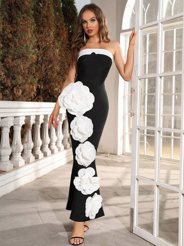 Modphy New Arrival Sexy Strapless 3D Flower Print Bandage Dress For Formal Events And Evening Parties, Women