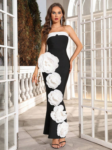 Modphy New Arrival Sexy Strapless 3D Flower Print Bandage Dress For Formal Events And Evening Parties, Women