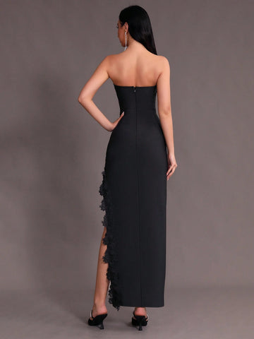 Modphy New Arrival Strapless Embroidery Lace Sexy V-Neck High Slit Bodycon Maxi Dress, Formal Evening Party Prom Gown