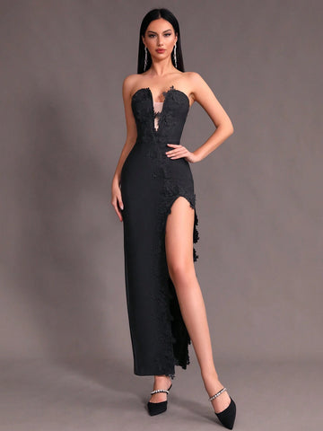 Modphy New Arrival Strapless Embroidery Lace Sexy V-Neck High Slit Bodycon Maxi Dress, Formal Evening Party Prom Gown