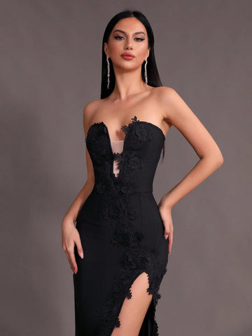 Modphy New Arrival Strapless Embroidery Lace Sexy V-Neck High Slit Bodycon Maxi Dress, Formal Evening Party Prom Gown