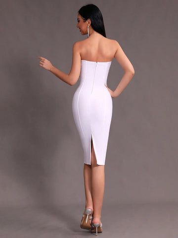 Modphy New Arrival White Sexy Strapless Bodycon Bandage Dress With Rhinestone Detailing Suitable For Party And Banquet
