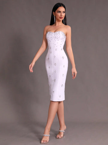 Modphy New Arrival White Sexy Strapless Bodycon Bandage Dress With Rhinestone Detailing Suitable For Party And Banquet