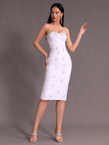 Modphy New Arrival White Sexy Strapless Bodycon Bandage Dress With Rhinestone Detailing Suitable For Party And Banquet