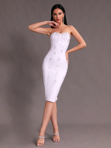 Modphy New Arrival White Sexy Strapless Bodycon Bandage Dress With Rhinestone Detailing Suitable For Party And Banquet