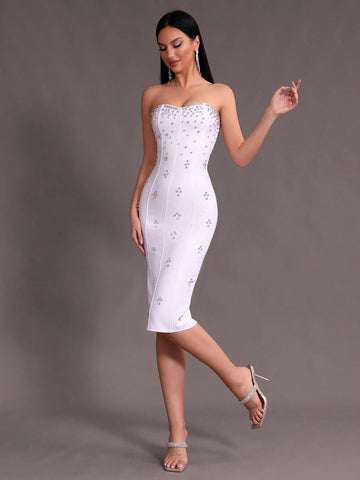 Modphy New Arrival White Sexy Strapless Bodycon Bandage Dress With Rhinestone Detailing Suitable For Party And Banquet