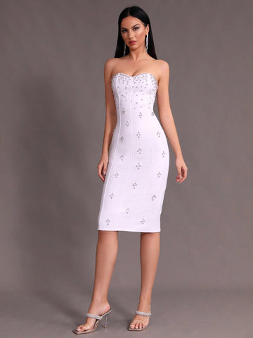 Modphy New Arrival White Sexy Strapless Bodycon Bandage Dress With Rhinestone Detailing Suitable For Party And Banquet
