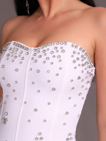 Modphy New Arrival White Sexy Strapless Bodycon Bandage Dress With Rhinestone Detailing Suitable For Party And Banquet