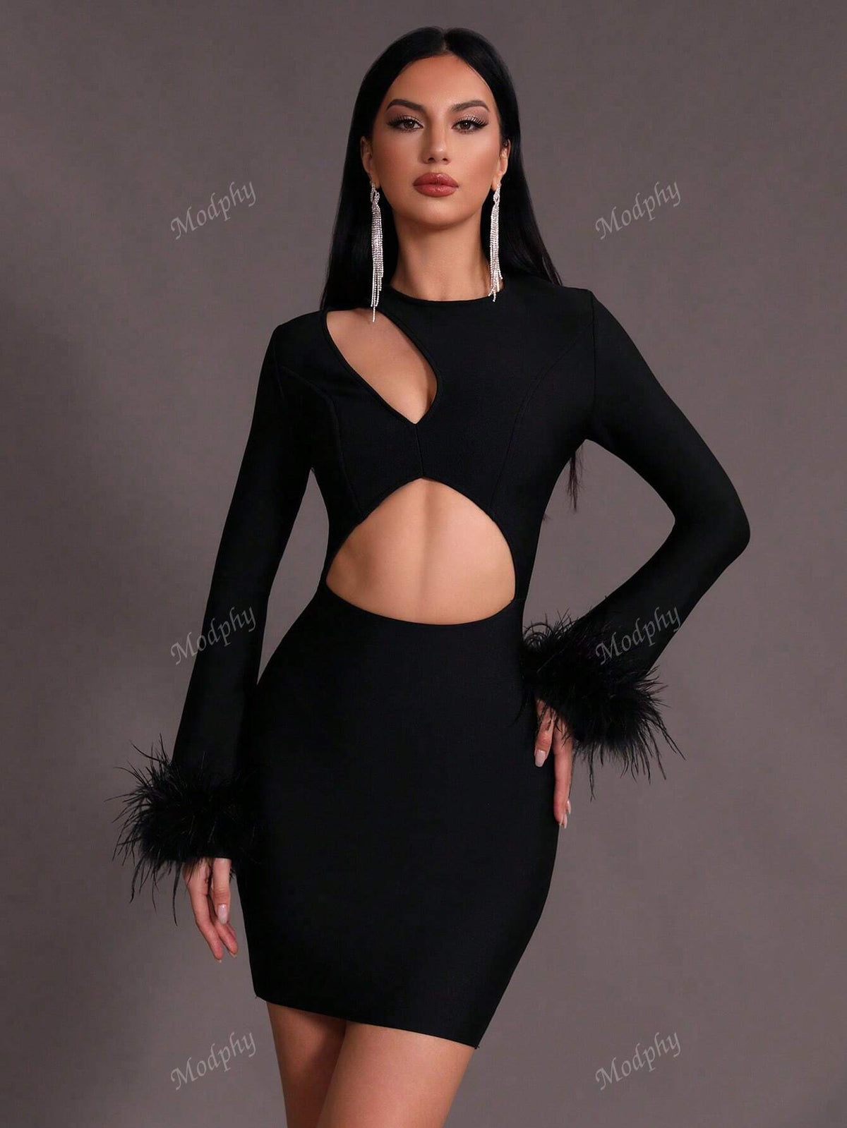 Modphy New Autumn Winter Women Sexy Round Neck Hollow Feathers Long Sleeve Mini Bandage Party Dress