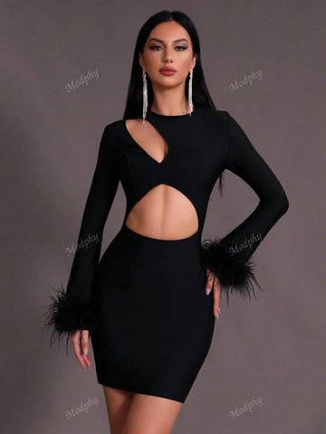 Modphy New Autumn Winter Women Sexy Round Neck Hollow Feathers Long Sleeve Mini Bandage Party Dress