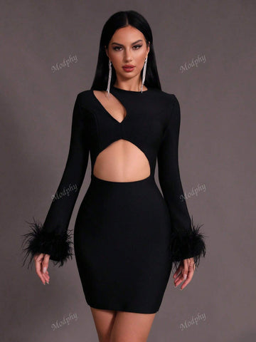 Modphy New Autumn Winter Women Sexy Round Neck Hollow Feathers Long Sleeve Mini Bandage Party Dress