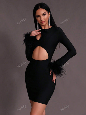 Modphy New Autumn Winter Women Sexy Round Neck Hollow Feathers Long Sleeve Mini Bandage Party Dress