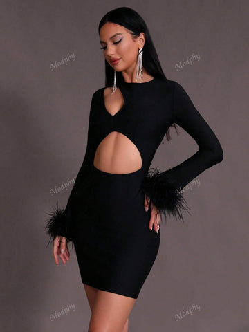 Modphy New Autumn Winter Women Sexy Round Neck Hollow Feathers Long Sleeve Mini Bandage Party Dress