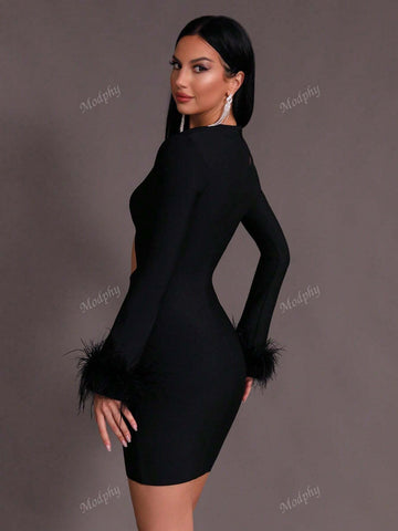 Modphy New Autumn Winter Women Sexy Round Neck Hollow Feathers Long Sleeve Mini Bandage Party Dress