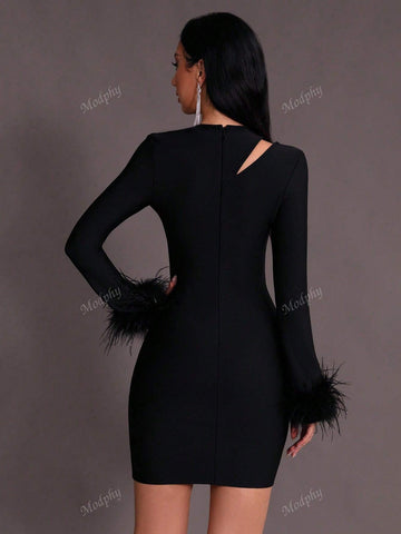 Modphy New Autumn Winter Women Sexy Round Neck Hollow Feathers Long Sleeve Mini Bandage Party Dress