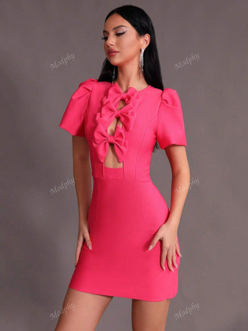 Modphy New Dusty Rose Sexy Hollow-Out Bowknot Round Neck Puff Sleeve Bandage Party Mini Dress For Women