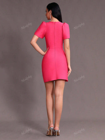 Modphy New Dusty Rose Sexy Hollow-Out Bowknot Round Neck Puff Sleeve Bandage Party Mini Dress For Women