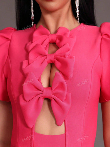 Modphy New Dusty Rose Sexy Hollow-Out Bowknot Round Neck Puff Sleeve Bandage Party Mini Dress For Women