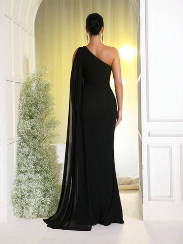 Modphy New Fashion Women's Black Sexy One Shoulder Rhinestone Cloak Sleeve Tight Long Bandage Dress, Elegant Ladies Formal Evening Gown