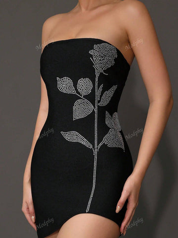 Modphy New Ladies Sexy Strapless Diamond Flower Tight Mini Bodycon Dress, Black Tube Cocktail Party Gown