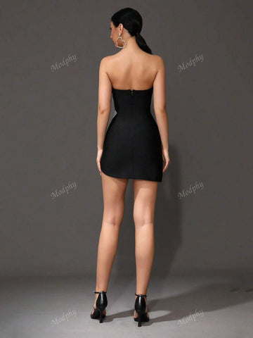 Modphy New Ladies Sexy Strapless Diamond Flower Tight Mini Bodycon Dress, Black Tube Cocktail Party Gown