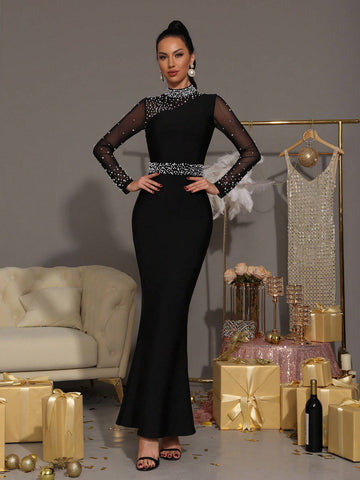 Modphy New Sexy Pearl Decor Fishnet Panel Long Sleeve Bodycon Long Bandage Dress, Elegant Party Formal Evening Gown For Women
