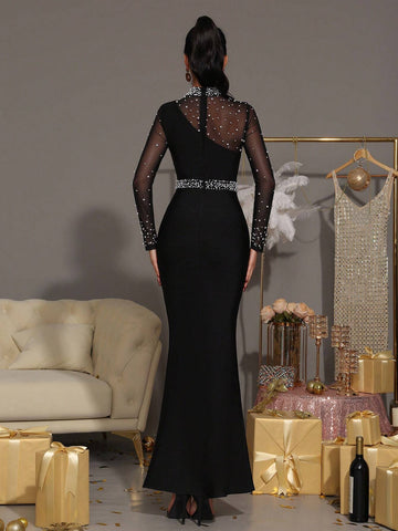 Modphy New Sexy Pearl Decor Fishnet Panel Long Sleeve Bodycon Long Bandage Dress, Elegant Party Formal Evening Gown For Women