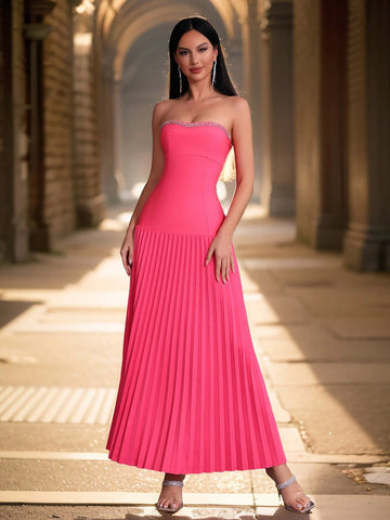 Modphy New Sexy Rhinestone Decor Strapless Pleated Maxi Dress For Fashion Party