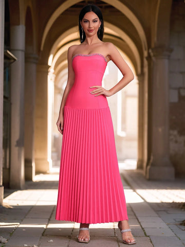 Modphy New Sexy Rhinestone Decor Strapless Pleated Maxi Dress For Fashion Party