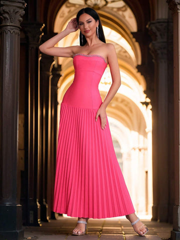 Modphy New Sexy Rhinestone Decor Strapless Pleated Maxi Dress For Fashion Party