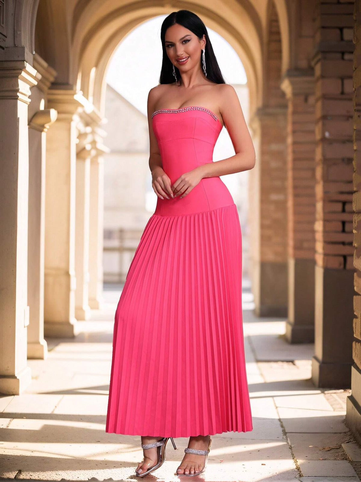 Modphy New Sexy Rhinestone Decor Strapless Pleated Maxi Dress For Fashion Party