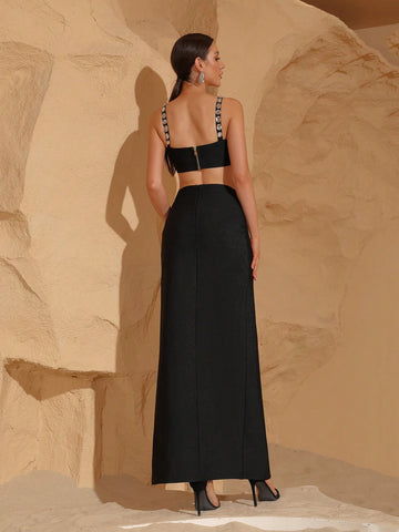 Modphy New Sexy Solid Color 2Pcs Outfit Spaghetti Strap Cropped Top & High Slit Skirt Suit With Glittery Rhinestone Design For Women Party Wear, Elegant